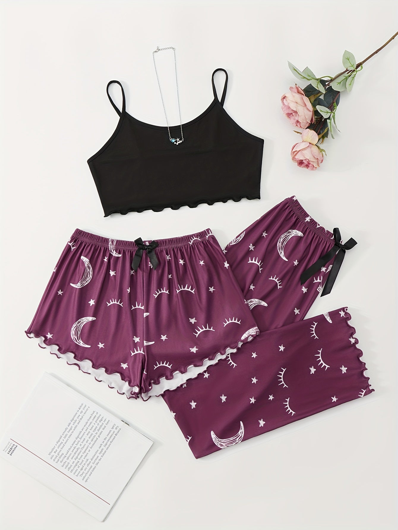 3-piece Summer Star Moon Print Pajamas Set, Ruffle-trimmed Sleeveless Suspender Top & Comfortable Shorts & Loose Long Pants, Women's Lingerie &  Sleepwear