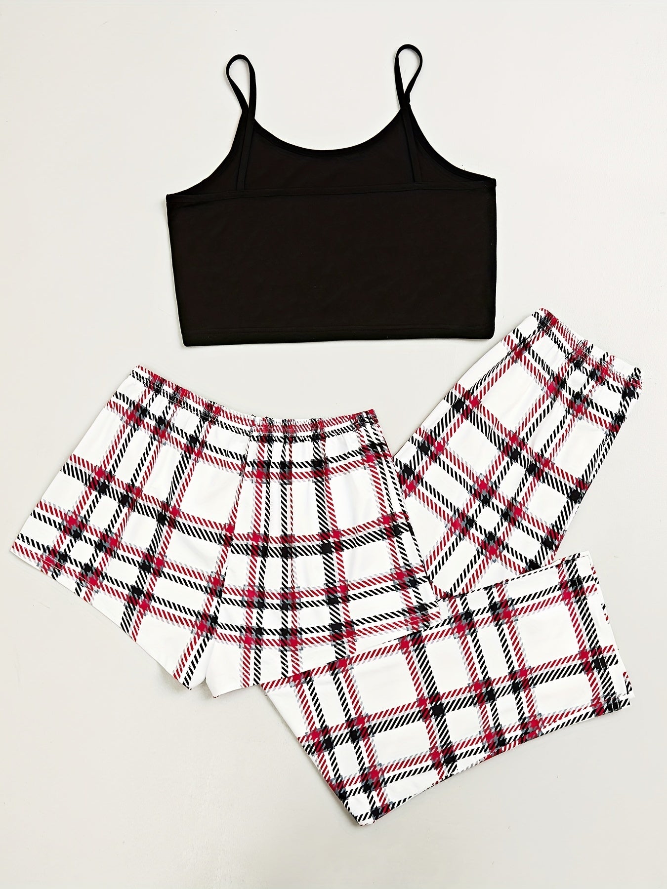 3-Piece Plaid Print Sleep Set, Solid Cami Top + Bow Shorts + Lounge Pants, Casual & Comfy Pajamas, Women's Loungewear & Sleepwear