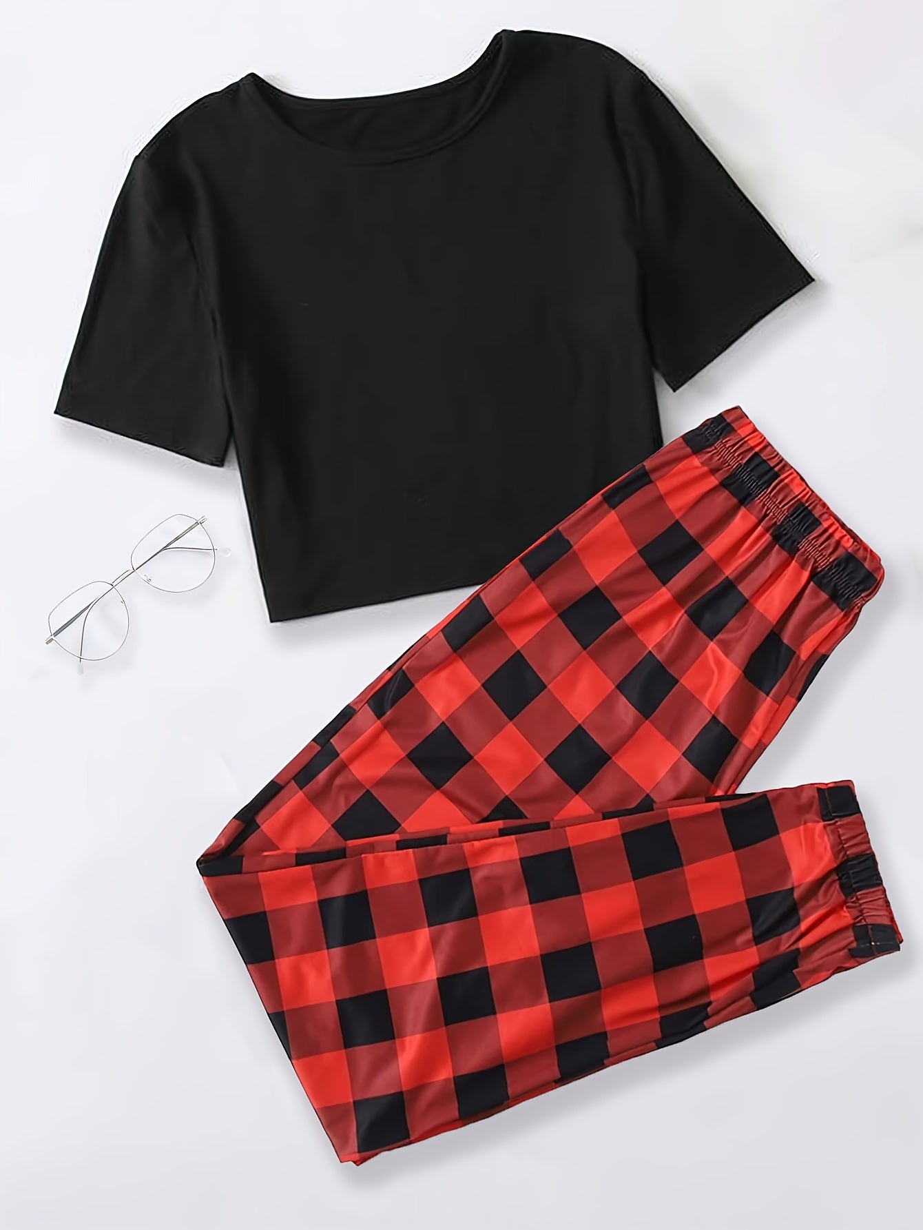 Plaid Print Pajama Set, Short Sleeve Crew Neck Top & Elastic Waistband Pants, Women's Sleepwear & Loungewear