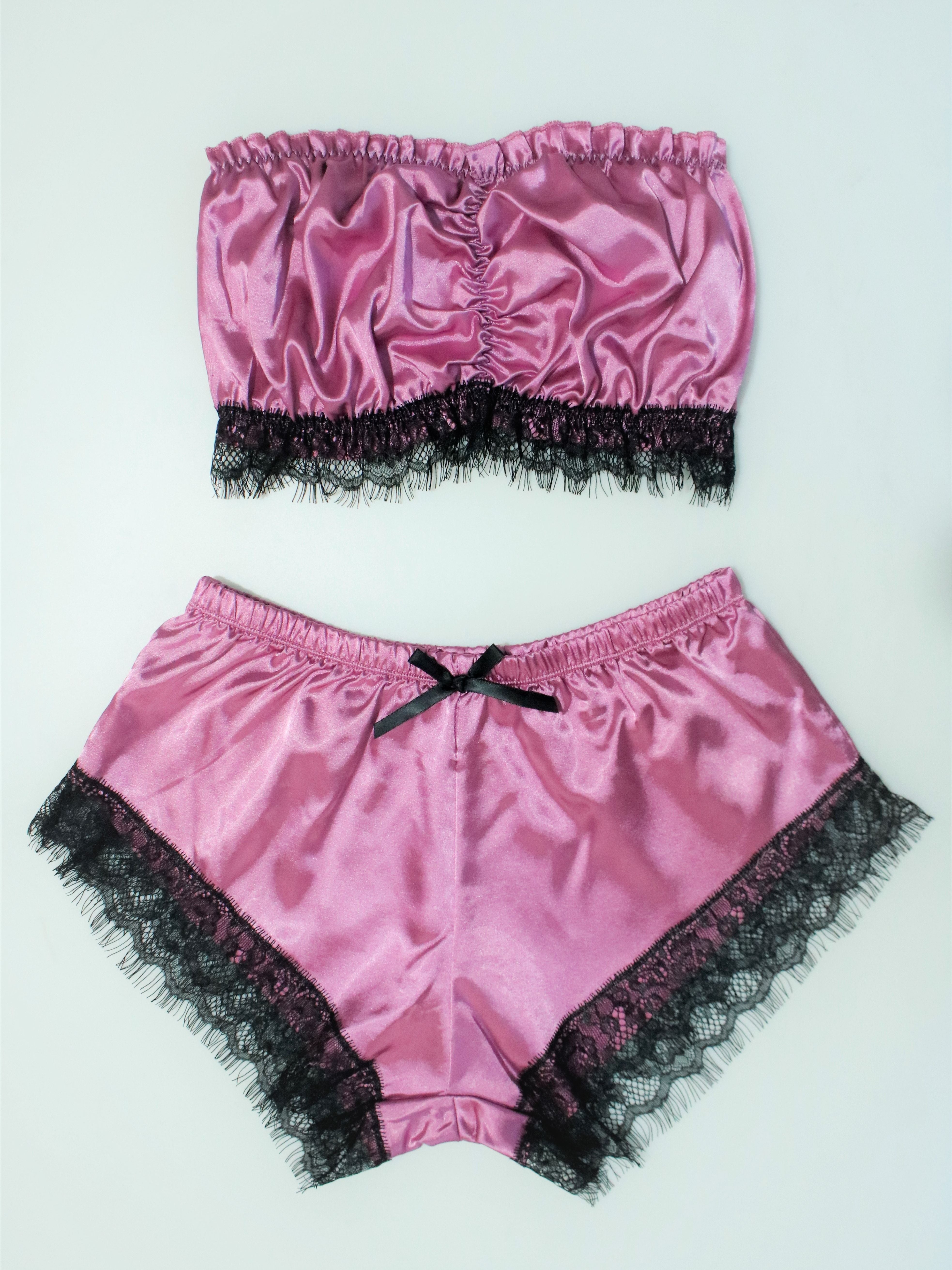 Lace Trim Pajama Set, Satin Tube Tops & Shorts Set, Women's Sleepwear & Loungewear