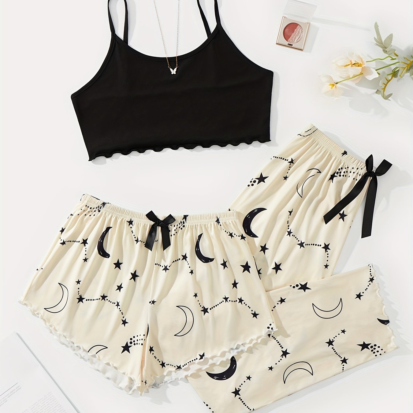 3-piece Summer Star Moon Print Pajamas Set, Ruffle-trimmed Sleeveless Suspender Top & Comfortable Shorts & Loose Long Pants, Women's Lingerie &  Sleepwear