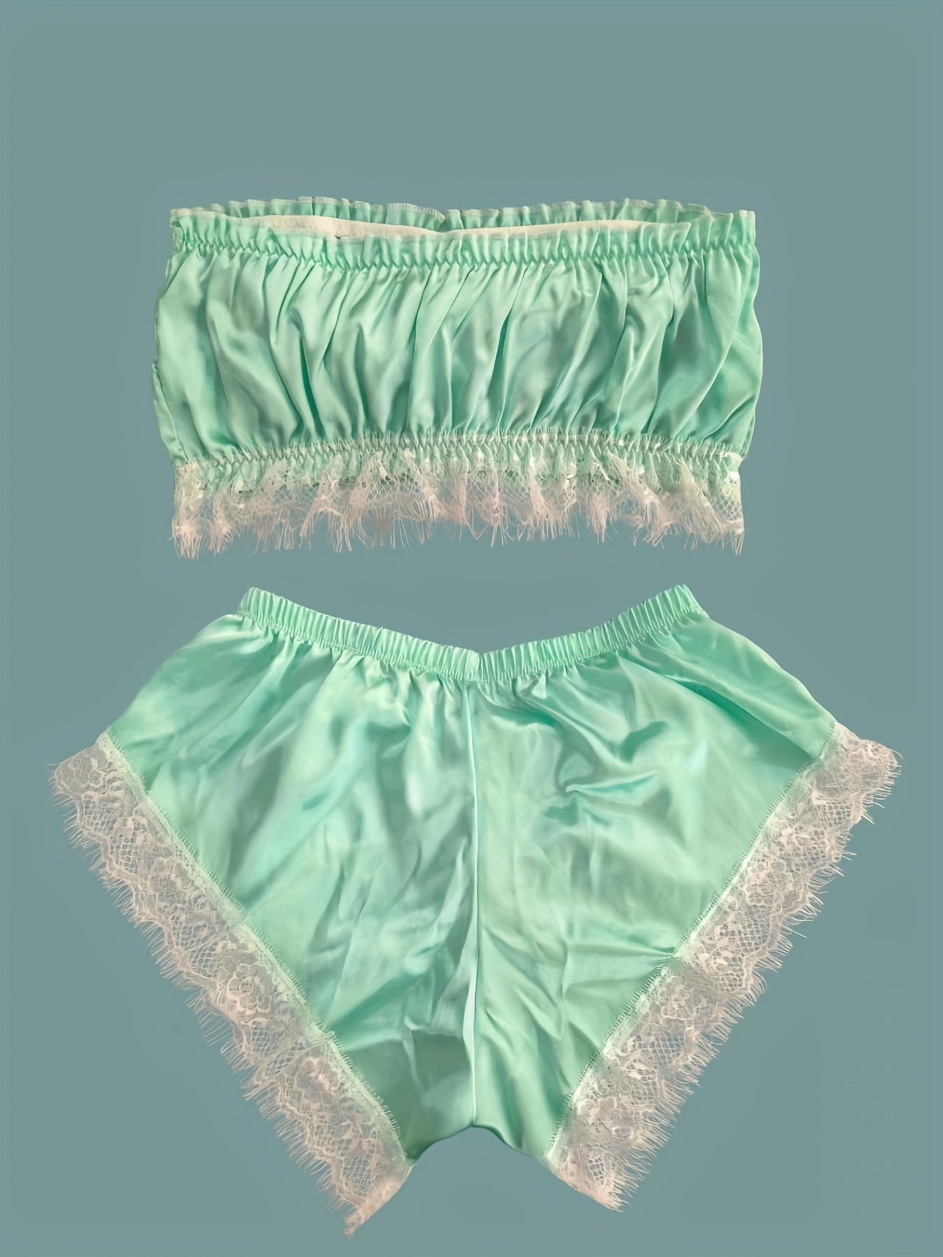 Lace Trim Pajama Set, Satin Tube Tops & Shorts Set, Women's Sleepwear & Loungewear