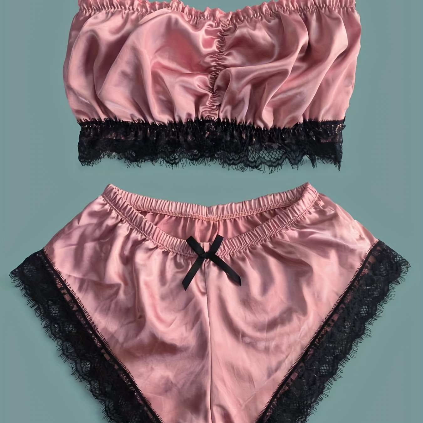 Lace Trim Pajama Set, Satin Tube Tops & Shorts Set, Women's Sleepwear & Loungewear