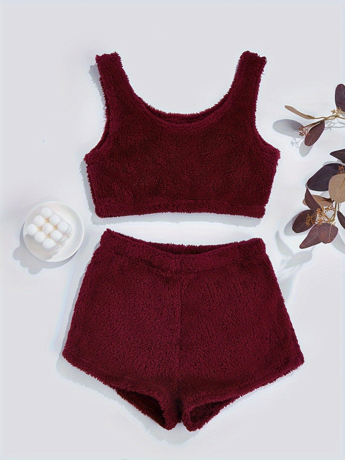 Fluffy Comfortable Pajamas Set, Crop Tank Sleeveless Top & Comfortable Shorts Loungewear Set For Valentine's Gifts, Women's Loungewear & Sleepwear