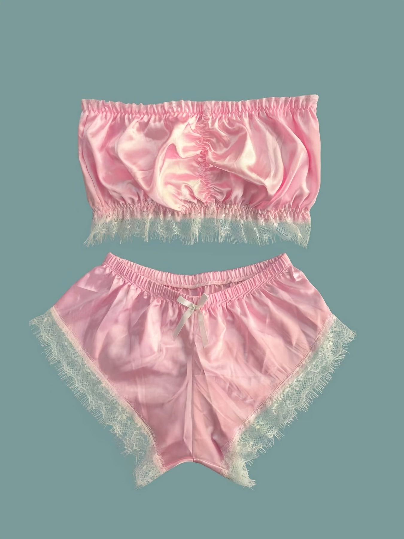 Lace Trim Pajama Set, Satin Tube Tops & Shorts Set, Women's Sleepwear & Loungewear