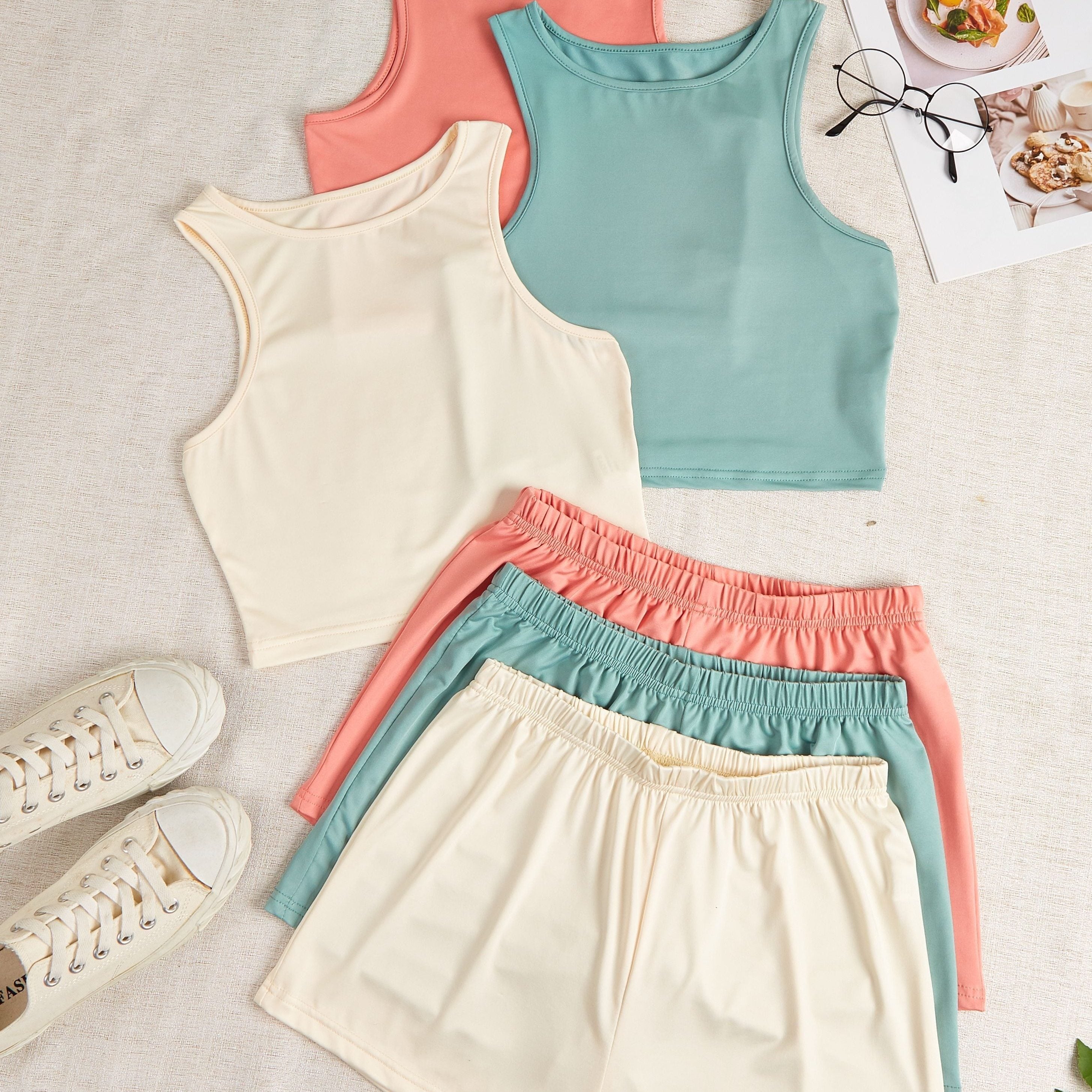 3 Sets Simple Solid Pajamas Set, Sleeveless Tank Top & Elastic Waistband Shorts PJ Set, Women's Loungewear & Sleepwear