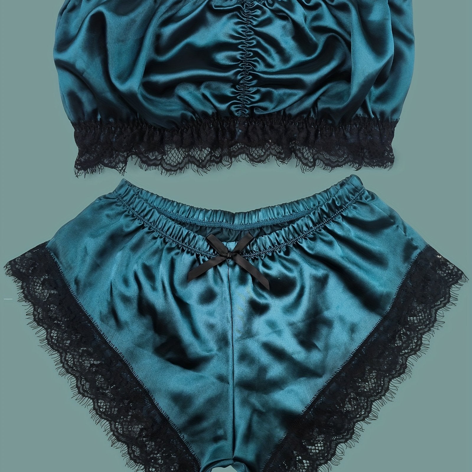 Lace Trim Pajama Set, Satin Tube Tops & Shorts Set, Women's Sleepwear & Loungewear