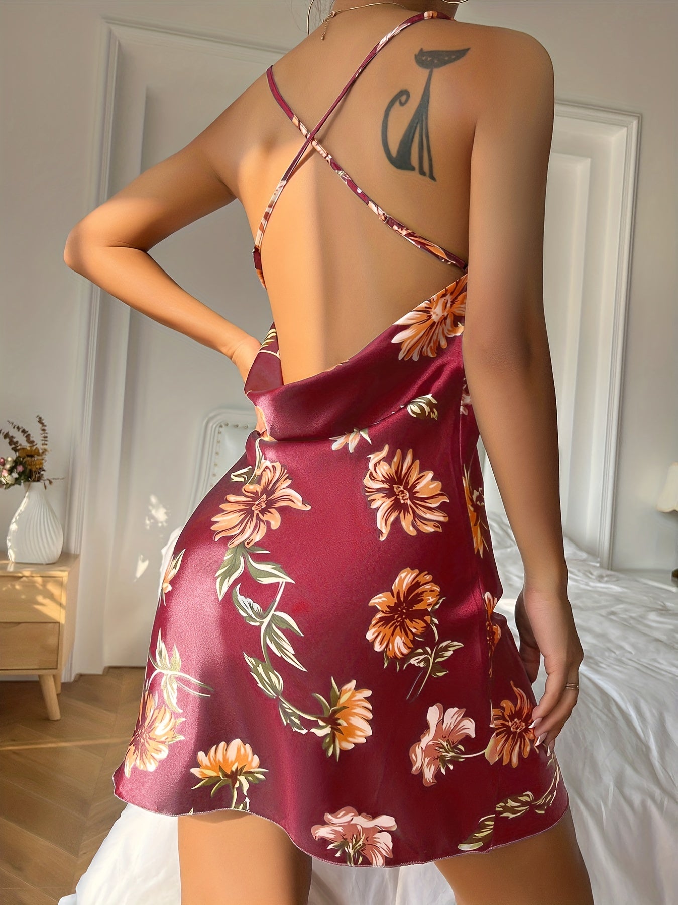 Floral Print Slip Nightdress, Elegant V Neck Criss Cross Back Sleep Dress, Women's Sleepwear & Dresses