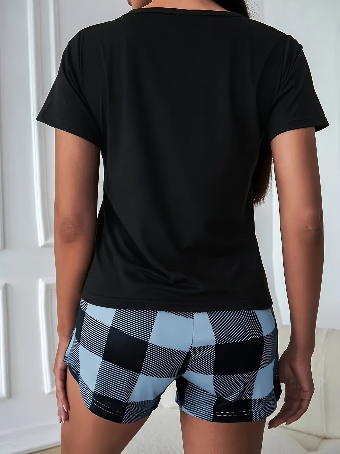Plaid Print Pajamas Set, Short Sleeve Tee Top And Bow Shorts Pj Set, Women's Sleepwear & Loungewear