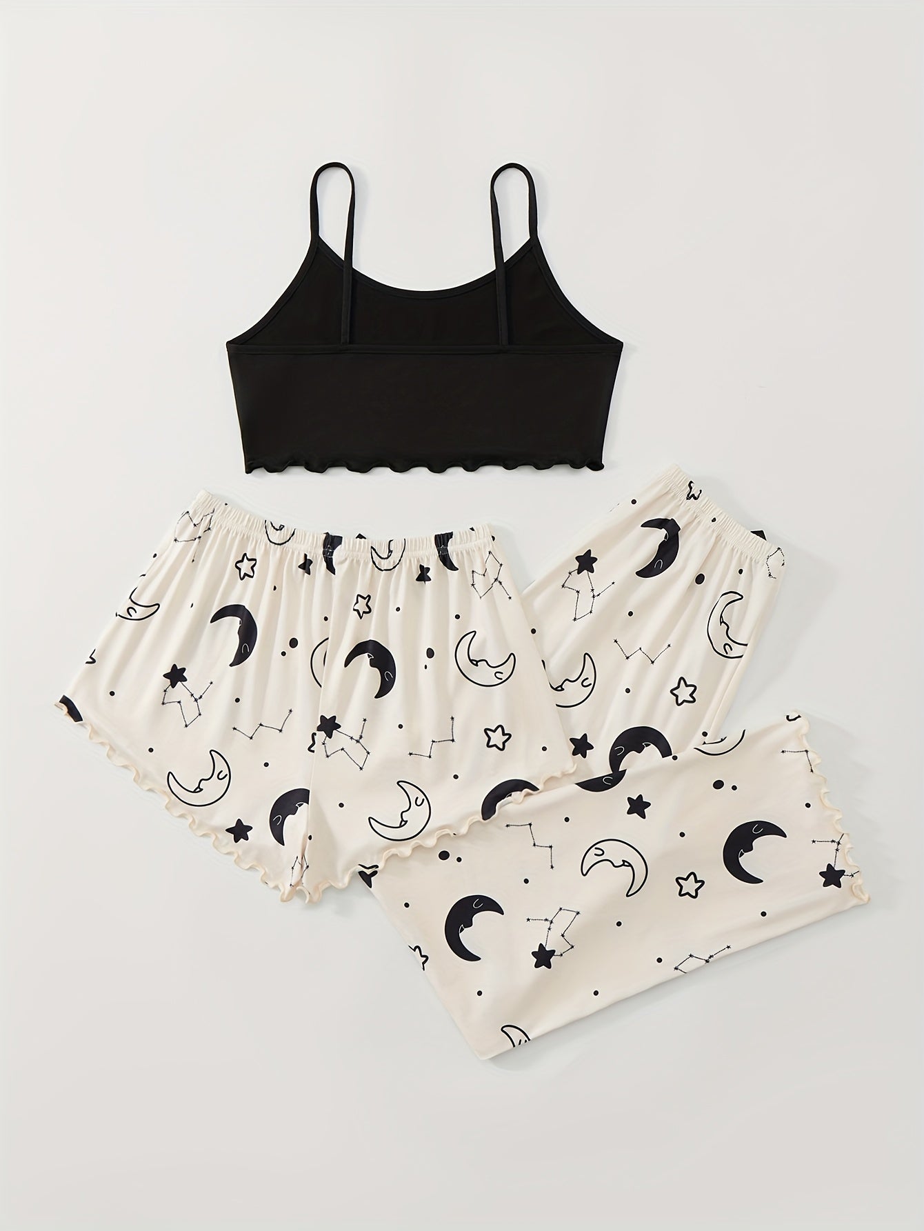 3-piece Summer Star Moon Print Pajamas Set, Ruffle-trimmed Sleeveless Suspender Top & Comfortable Shorts & Loose Long Pants, Women's Lingerie &  Sleepwear