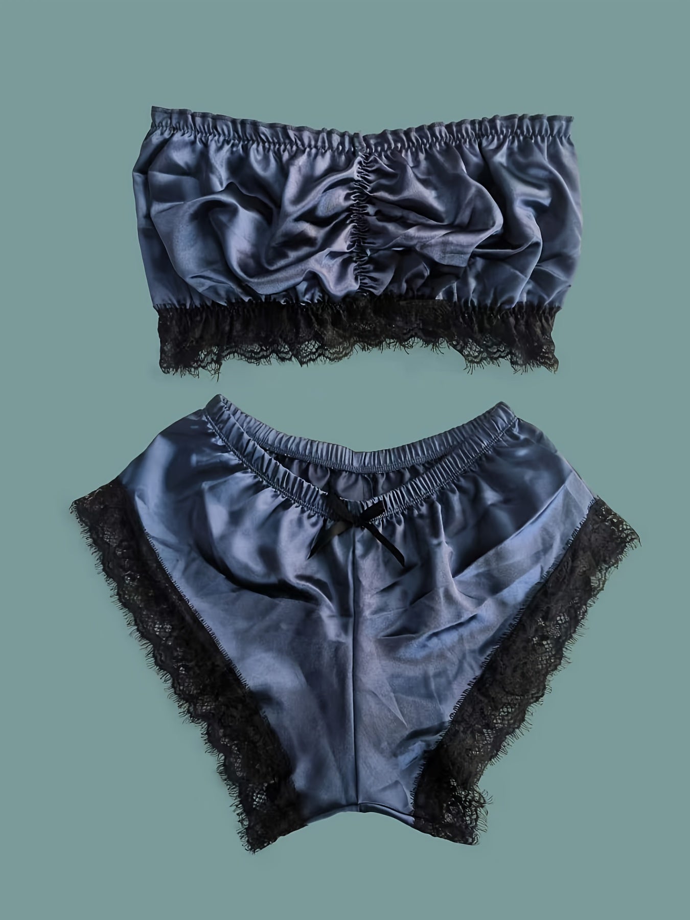 Lace Trim Pajama Set, Satin Tube Tops & Shorts Set, Women's Sleepwear & Loungewear