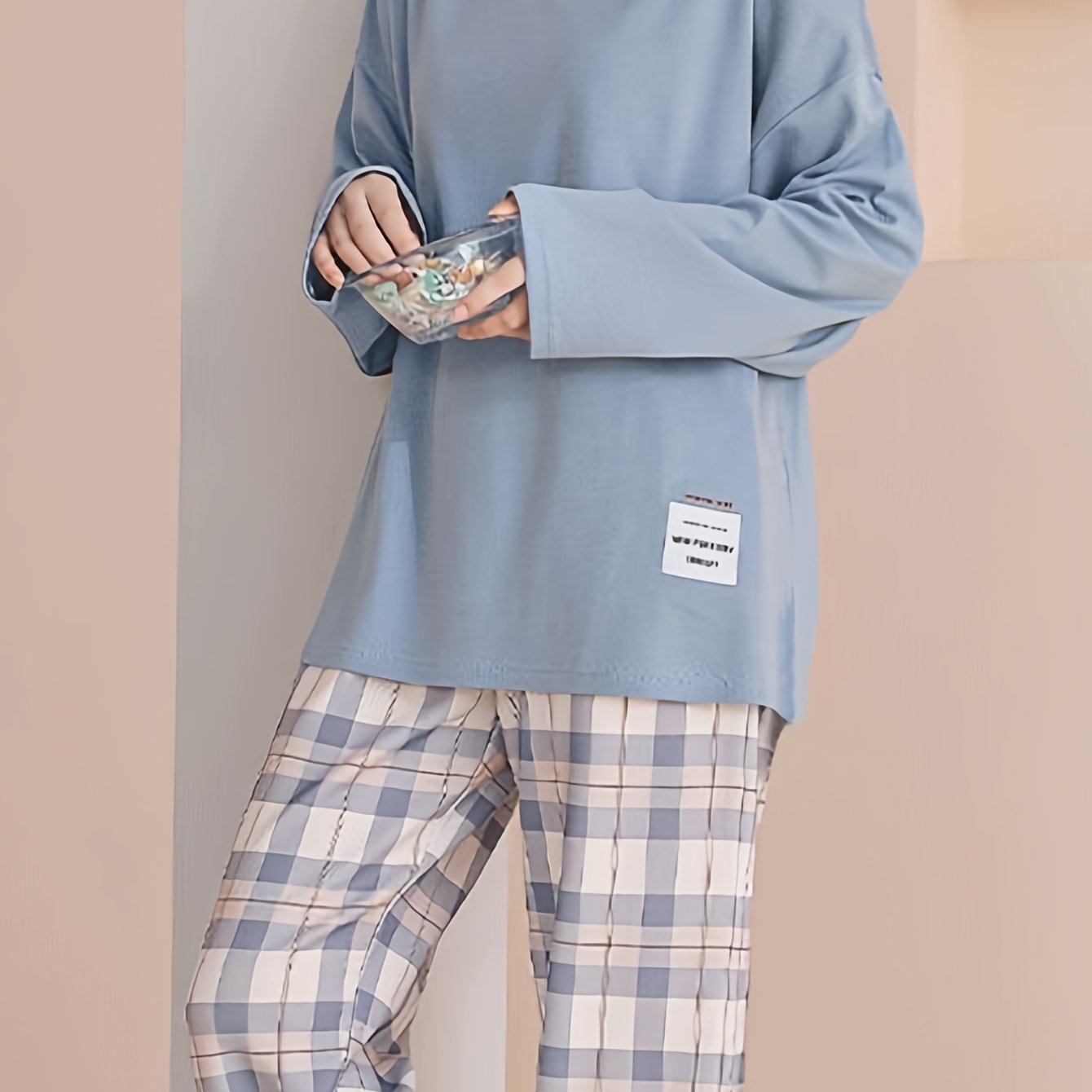 Plaid Print Crew Neck Pajamas Set, Casual Long Sleeve Pajama Top & Comfortable Long Pant, Women's Sleepwear & Loungewear