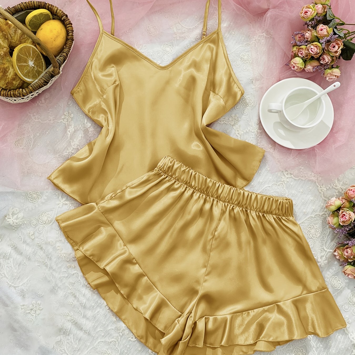 Sexy & Elegant Pajama , Satin Solid Plunge Neck Cami Tops & Elastic Waistband Ruffle Hem Shorts For Valentine's Gifts, Womens Loungewear & Sleepwear
