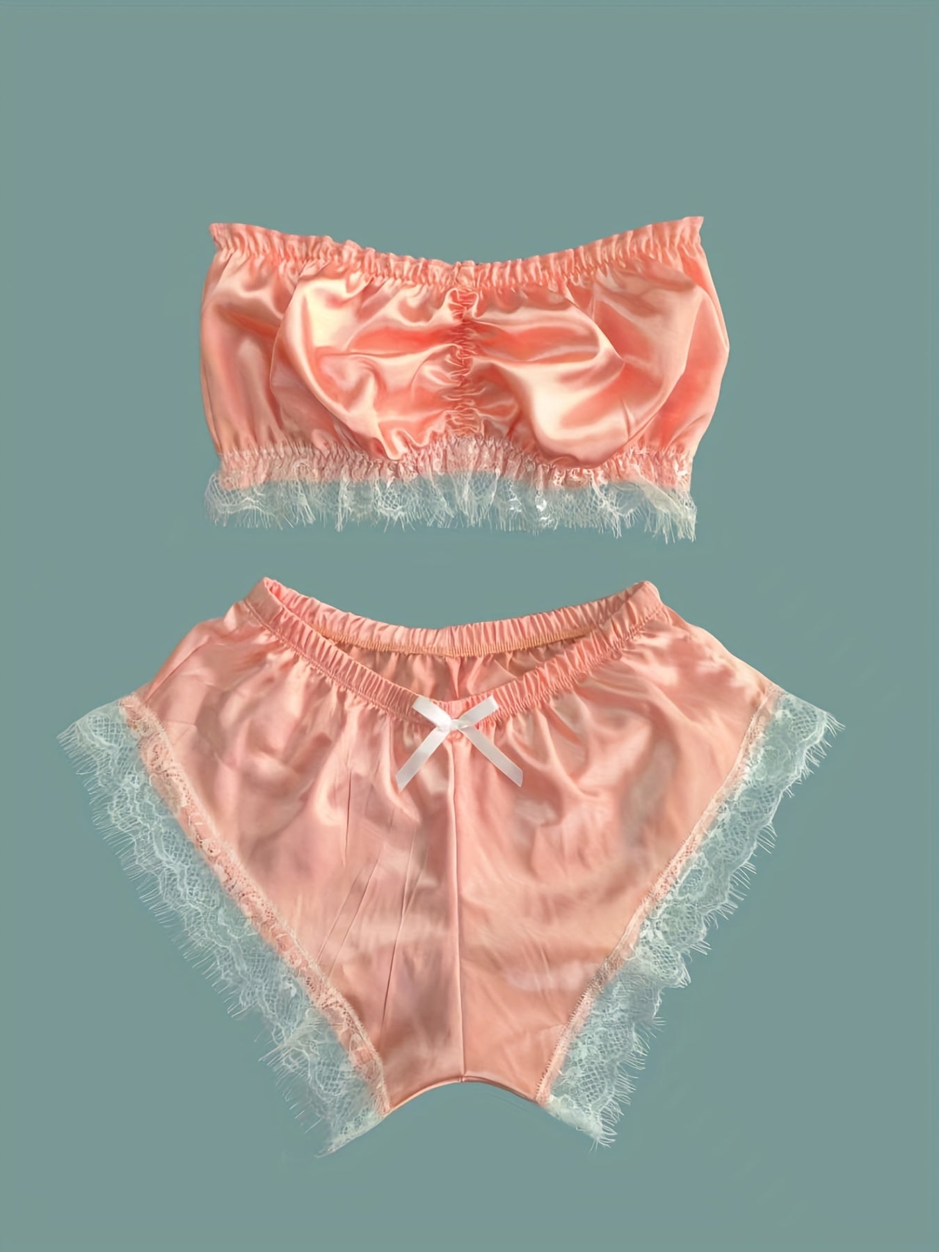 Lace Trim Pajama Set, Satin Tube Tops & Shorts Set, Women's Sleepwear & Loungewear