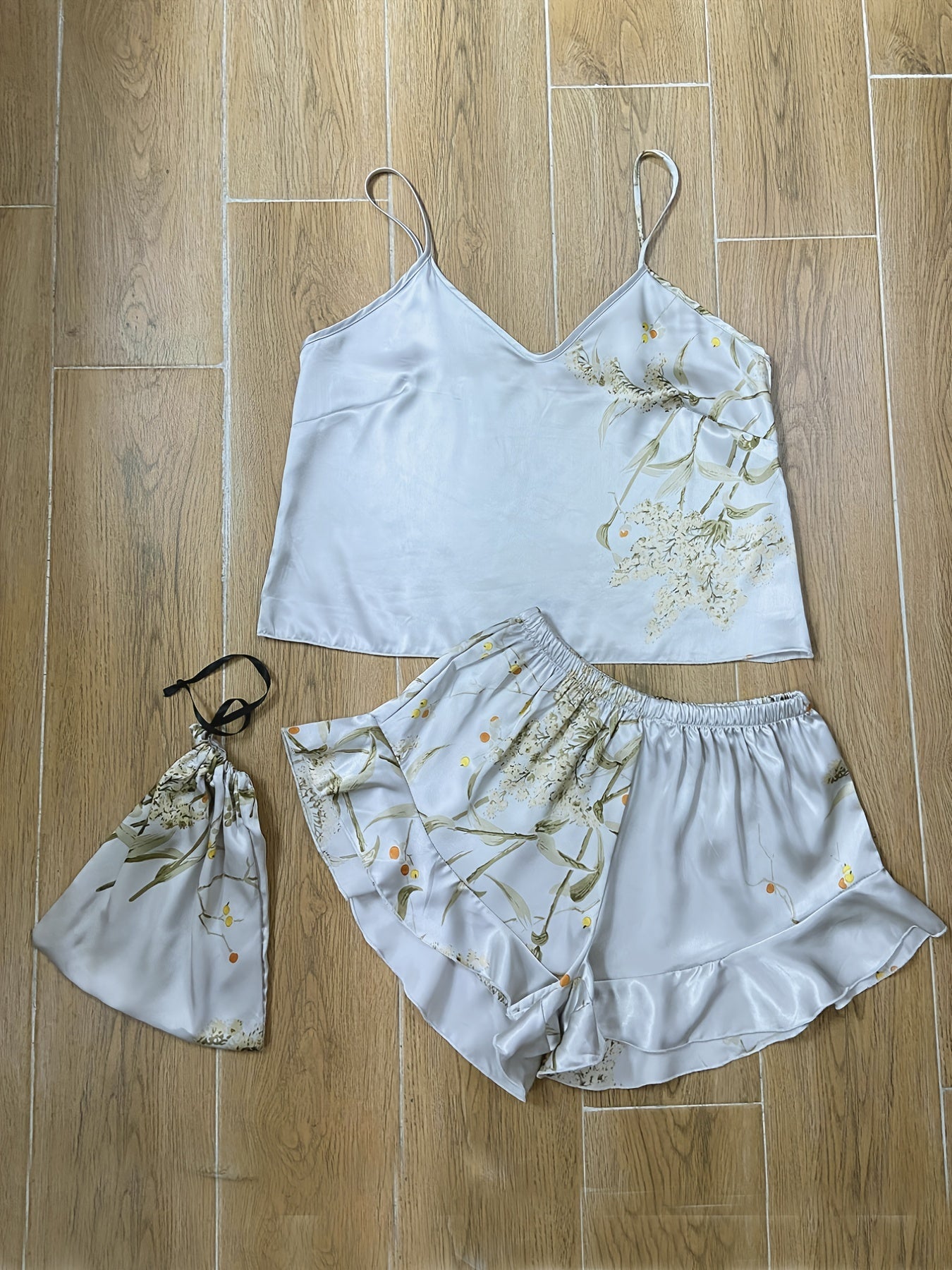 Elegant Floral Print Cami Tops & Ruffle Hem Shorts Pajama Set, Women's Sleepwear & Loungewear
