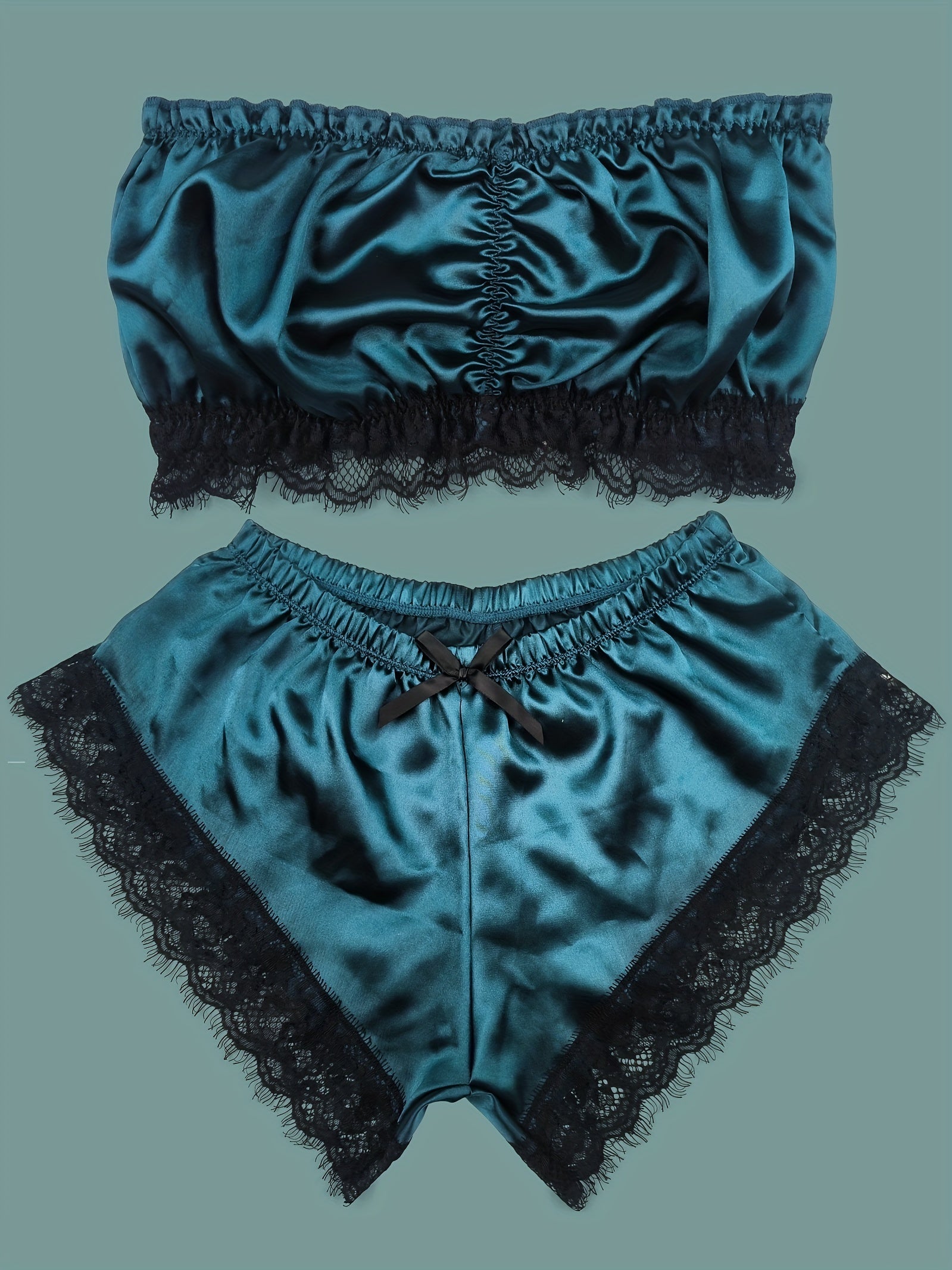 Lace Trim Pajama Set, Satin Tube Tops & Shorts Set, Women's Sleepwear & Loungewear