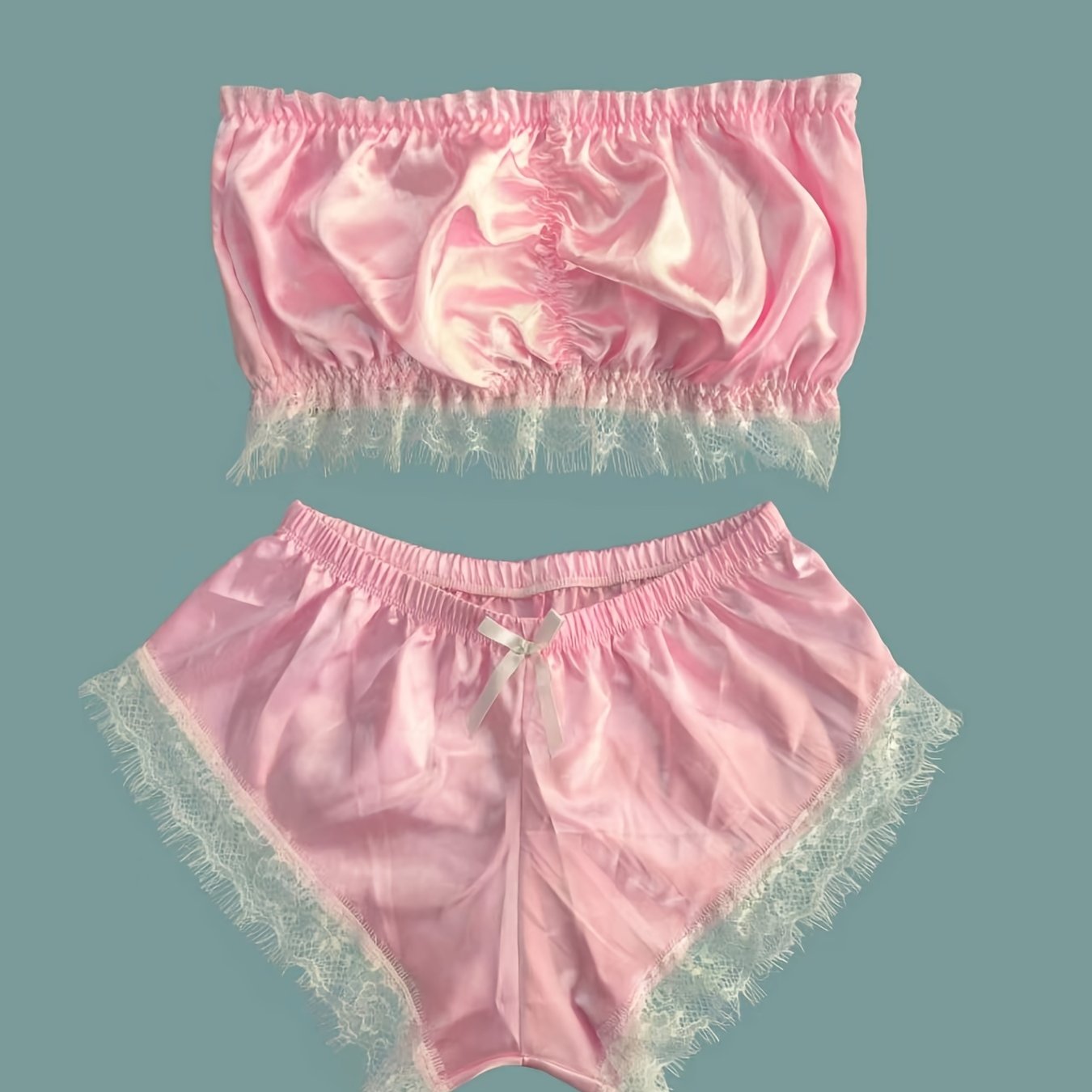Lace Trim Pajama Set, Satin Tube Tops & Shorts Set, Women's Sleepwear & Loungewear