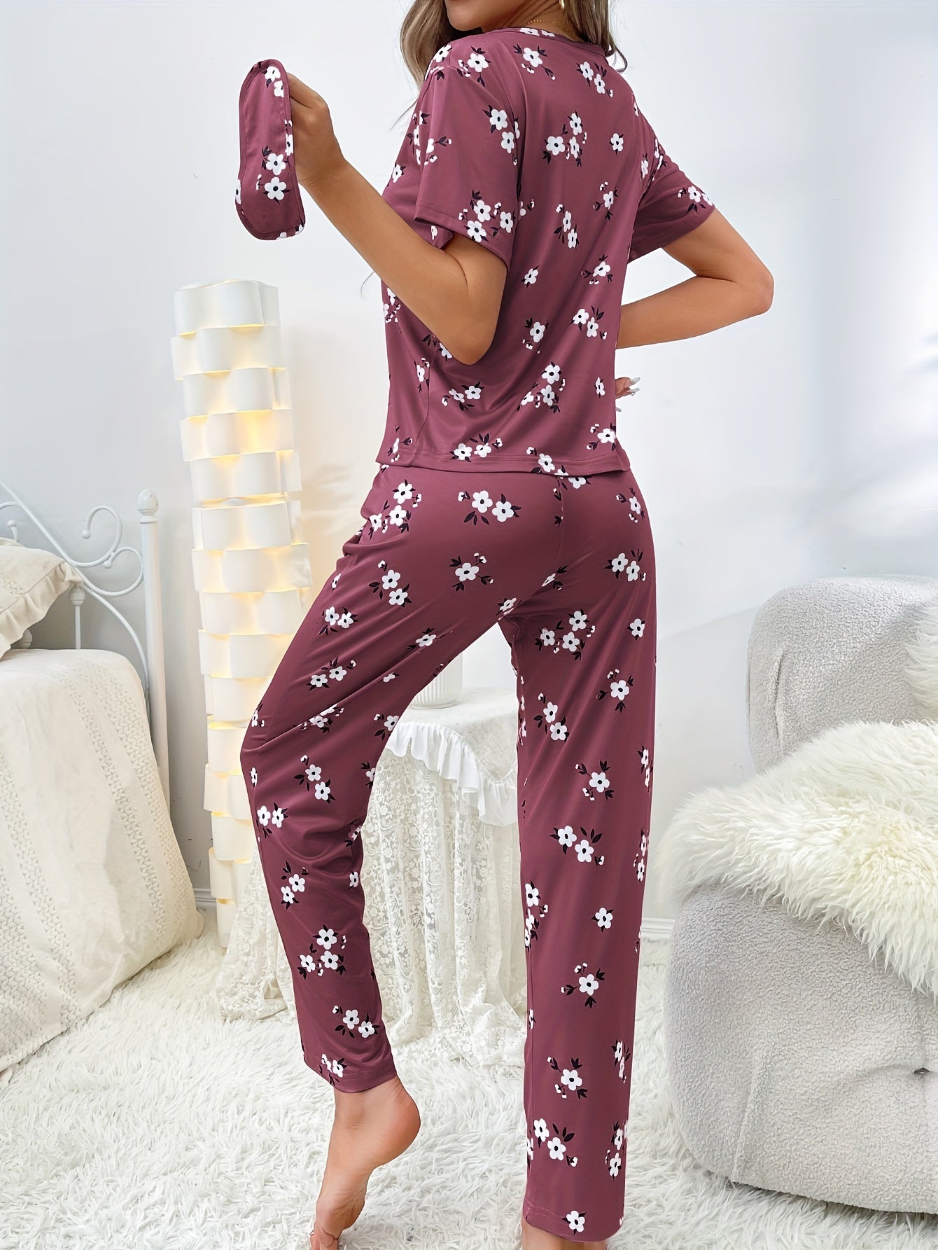Floral Print Pajama Set, Short Sleeve Crew Neck Top & Elastic Waistband Pants, Women's Sleepwear & Loungewear