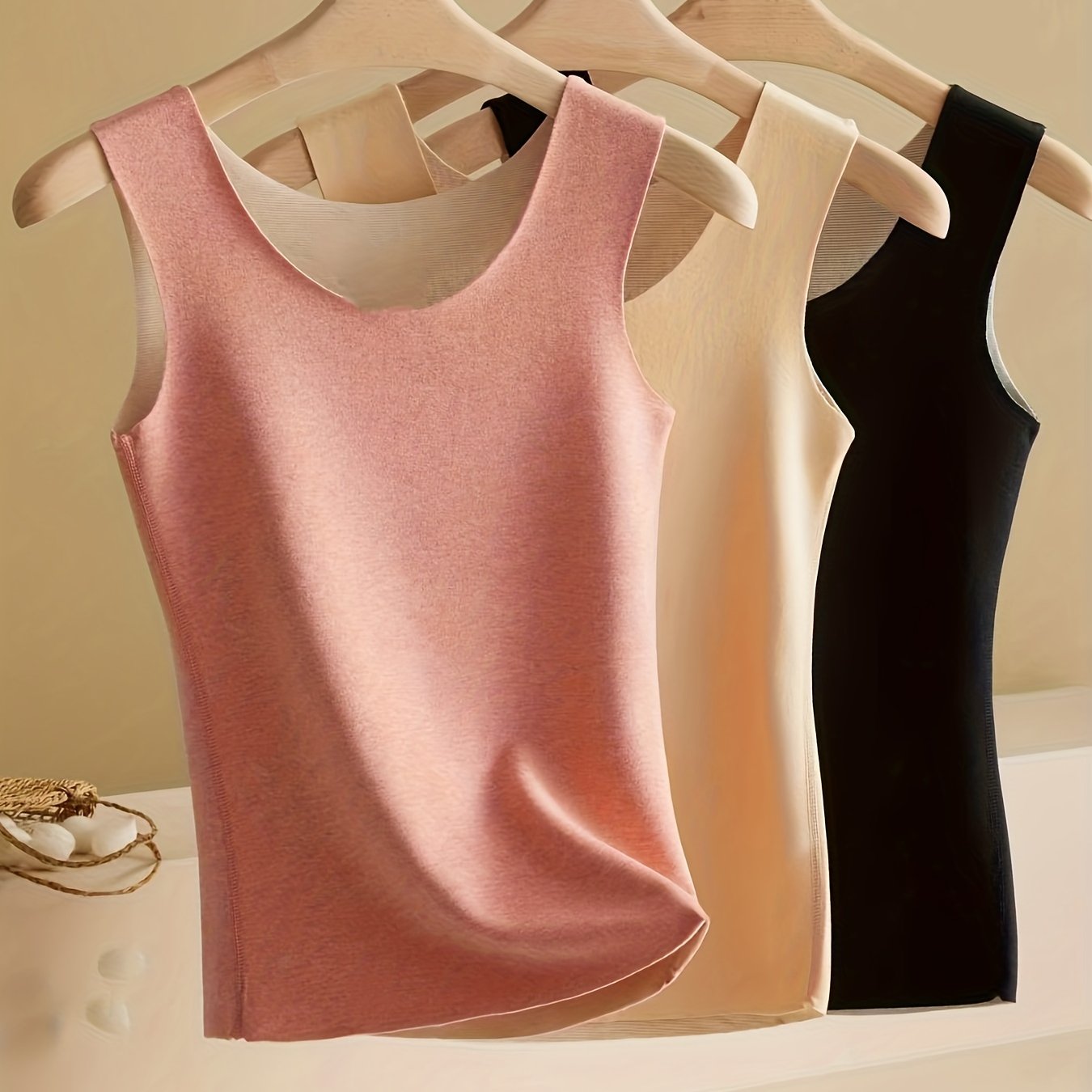3pcs Seamless Thermal Underwear, Soft & Comfortable Sleeveless Slim Fit Plush Top, Women's Lingerie & Sleepwear