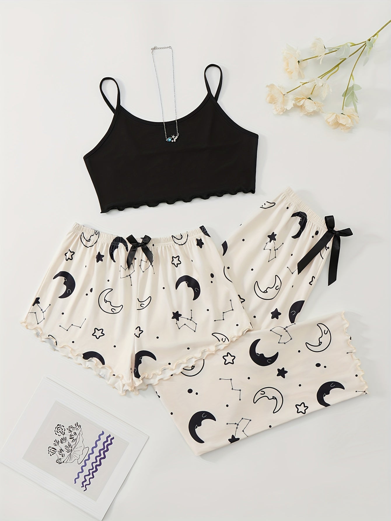 3-piece Summer Star Moon Print Pajamas Set, Ruffle-trimmed Sleeveless Suspender Top & Comfortable Shorts & Loose Long Pants, Women's Lingerie &  Sleepwear